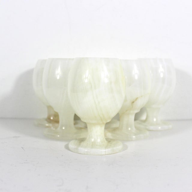Boho Chic 1970s Italian Onyx Marble Cups, Goblets or Chalices, White Stone, Small Wine Cordial - Set of 6 For Sale - Image 3 of 12