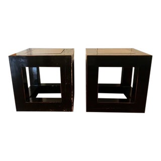 20th Century Asian Wood and Stone Cube Side Tables - a Pair For Sale
