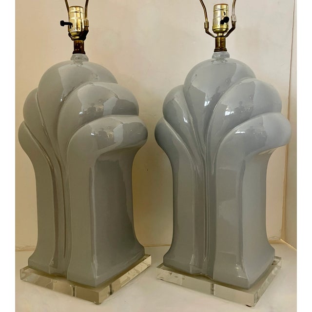 1980s Pair of Large Art Deco Style Glossy Ceramic Table Lamps From 80's For Sale - Image 5 of 6