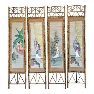 1950's Chinese Hand Painted Bamboo Screen Panels For Sale