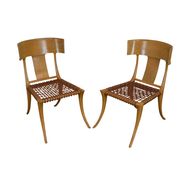 T. H. Robsjohn Gibbings Saridis of Athens Walnut & Leather Klismos Chairs - a Pair For Sale