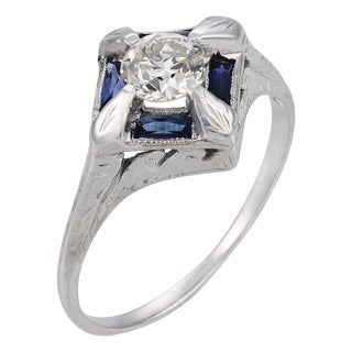 1920s Art Deco Diamond Synthetic Sapphire 18k White Gold Ring, Size 7 For Sale
