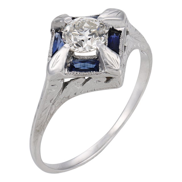 1920s Art Deco Diamond Synthetic Sapphire 18k White Gold Ring, Size 7 For Sale