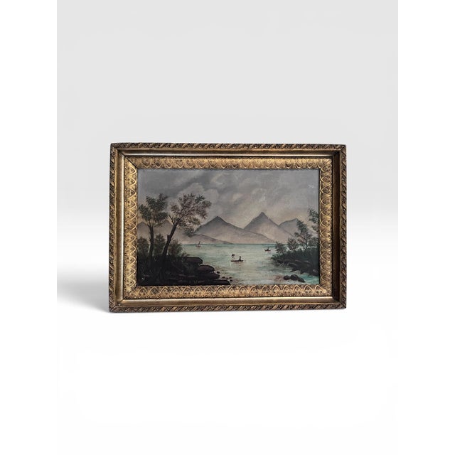 1900 - 1909 Antique American Folk Art Mountain Lake Landscape Oil Painting on Artist’s Board, C. 1900 For Sale - Image 5 of 12