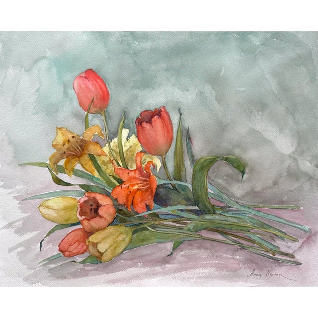This painting features an arrangement of lilies and tulips resting gently on a table. The composition, rooted in the...