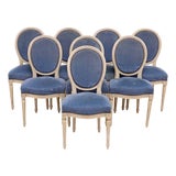 French Louis XVI Style Painted and Upholstered Dining Chairs Set of Eight For Sale