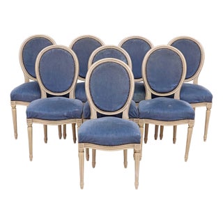 French Louis XVI Style Painted and Upholstered Dining Chairs Set of Eight For Sale