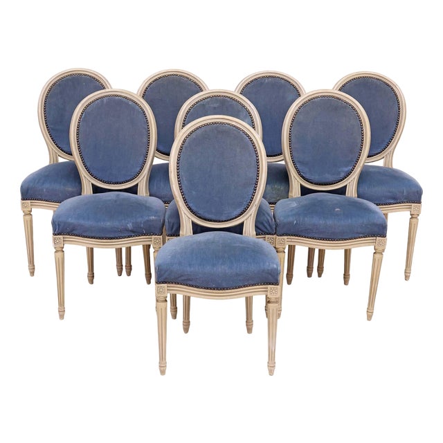 French Louis XVI Style Painted and Upholstered Dining Chairs Set of Eight For Sale