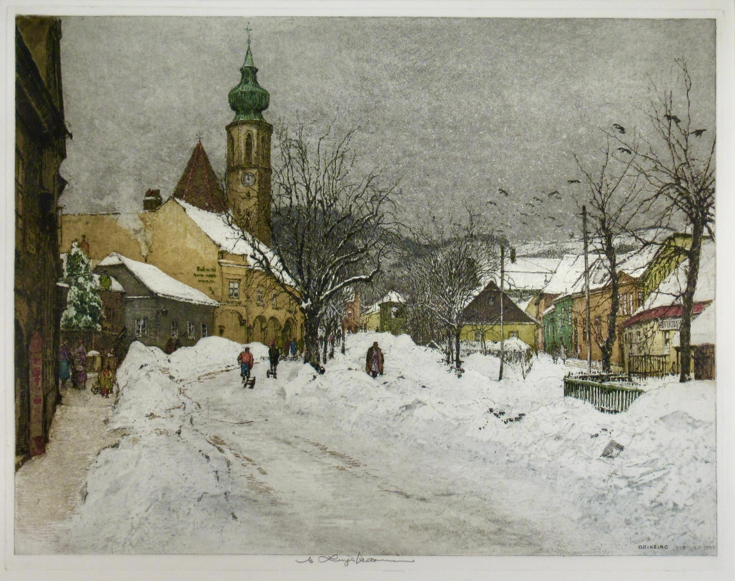 Luigi Kasimir Grinzing, Snow Scene, Austria, Large Color Etching
