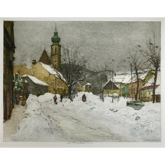 This artwork titled "Grinzing, Snow Scene, Austria" 1940 is a color etching (printed with the original copper plate...