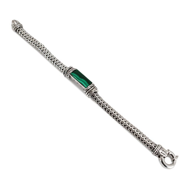 Men’s Effy Silver 10.20 Ct Malachite Braided Chain Wheat Mesh Link Bracelet For Sale - Image 4 of 9