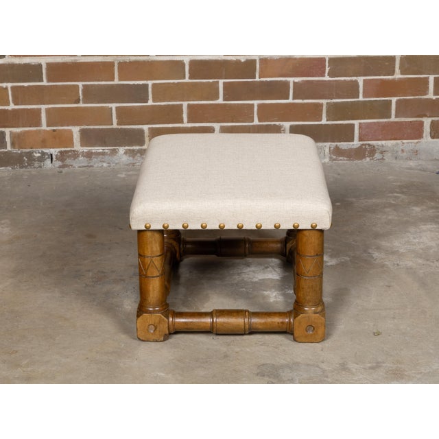 Early 20th Century English Oak 1900s Stool with Incised Accents and Custom Upholstery For Sale - Image 5 of 11