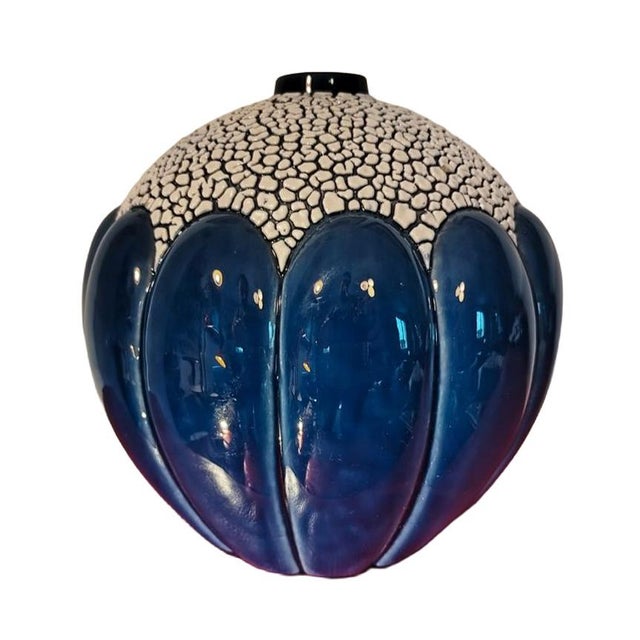 Art Deco Saint-Clément Blue Crackle Spherical Vase Model 712, C. 1930 For Sale - Image 4 of 6