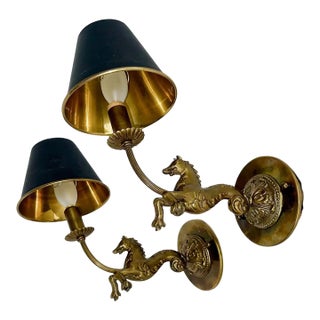 Pair French Bronze Horse Equestrian Wall Sconce Lights For Sale