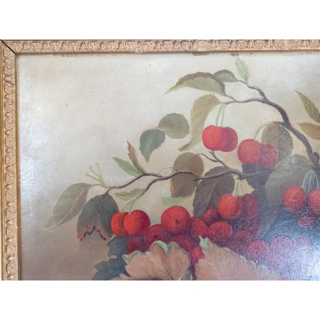 Wood 19th Century American Still Life Oil Painting of Cherries, Unsigned For Sale - Image 7 of 13