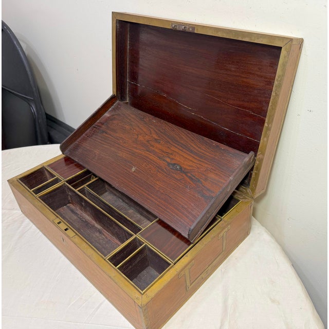 Large High Quality Antique 19th Century Wood Inlaid Brass Writing Lap Desk Box For Sale - Image 14 of 18