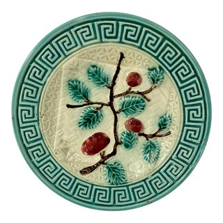 Antique French Faience Majolica Bread Plate With a Basketweave & Greek Key Design Adorned With Olive Branches For Sale