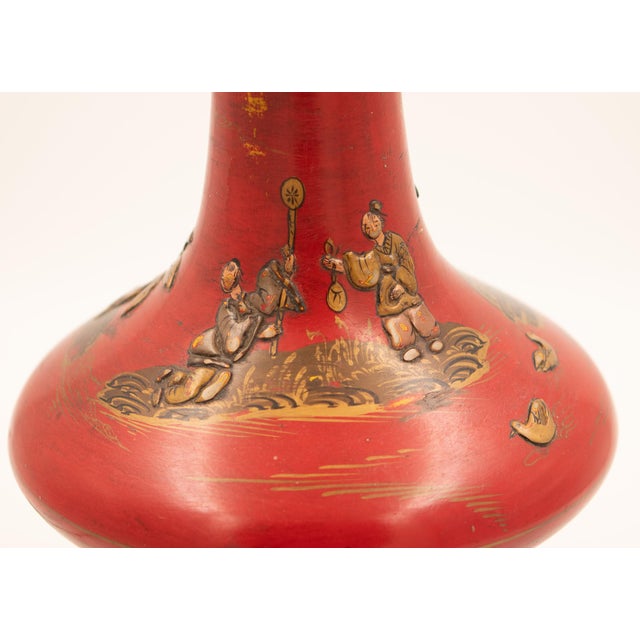 1960s Cinnabar Red Chinoiserie Table Lamps With Brass Fretwork Finials - a Pair For Sale - Image 4 of 16