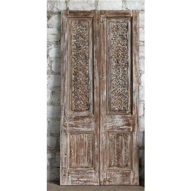 Mid-Century Modern Antique Indian Carved Double Doors With Brass Studs | Hinged or Sliding 80x42 For Sale - Image 3 of 5