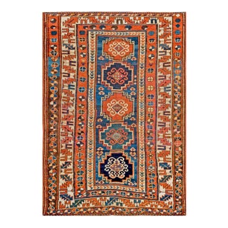 1880s Blue Geometric Tribal Antique Caucasian Kazak Rug Hand Knotted 4'3" X 6'2 Wool Carpet For Sale