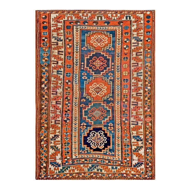 1880s Blue Geometric Tribal Antique Caucasian Kazak Rug Hand Knotted 4'3" X 6'2 Wool Carpet For Sale