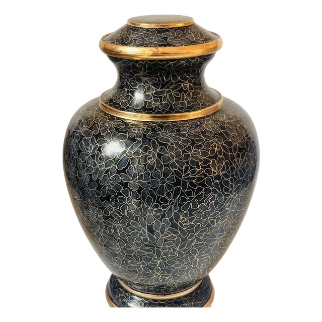 Vintage Cloisonné Enamel Black & Gold Floral Lidded Jar / Tea Caddy With Gilt For Sale