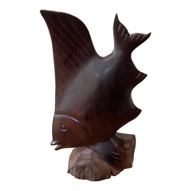 Vintage Mid 20th Century Hand Carved Ironwood Large Angelfish Sculpture For Sale