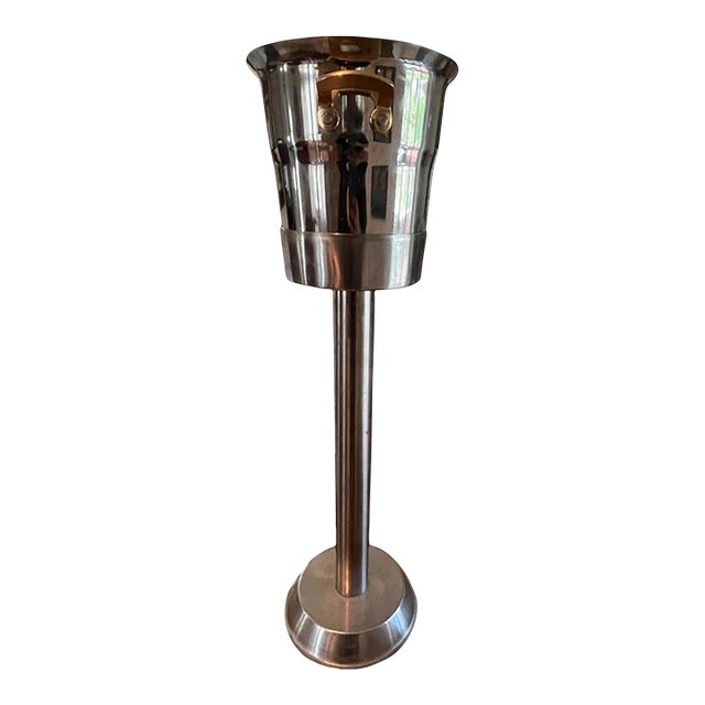 Vintage 1970s Spring Switzerland Inox 18/8 Stainless Steel Champagne Bucket & Pedestal Stand, 28” For Sale
