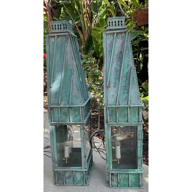 Metal Pair of Monumental Art Deco Style Verdigris Copper & Brass Wall Lanterns For Sale - Image 7 of 16