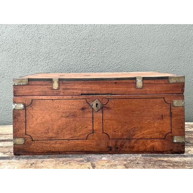 Late 19th Century Vintage Campaign Wood Box With Brass Detail For Sale - Image 5 of 13