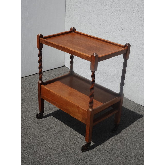 French Country Lh26 Vintage French Country Oak Barley Twist Tea Cart For Sale - Image 3 of 12
