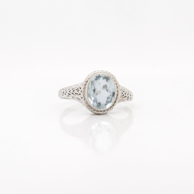 Antique Signed 14k White Gold & Oval Cut Aquamarine Edwardian Filigree Ring For Sale - Image 4 of 12