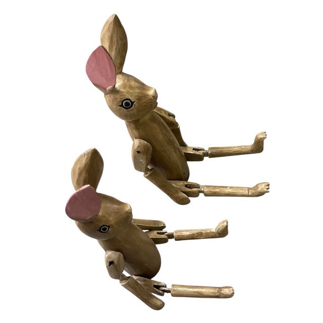 Whimsical Hand-Carved & Articulated Wooden Rabbit Pair For Sale - Image 4 of 10