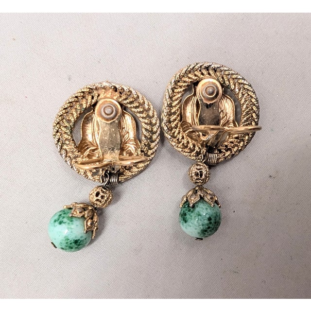 Vintage 1960s Signed Napier Goldtone Buddha Faux-Jade Drop Clip Earrings-2 Pieces For Sale - Image 10 of 10