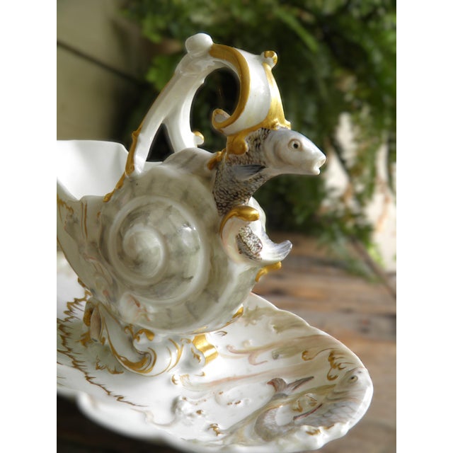 French Limoges a Superb & Rare Rocaille-Style Seashell Sauceboat W/ Waves & Fish 1891-1890 For Sale - Image 3 of 10