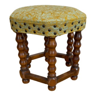 Vintage Mid-Century Oak Footstool With Geometric Needlepoint Tapestry For Sale