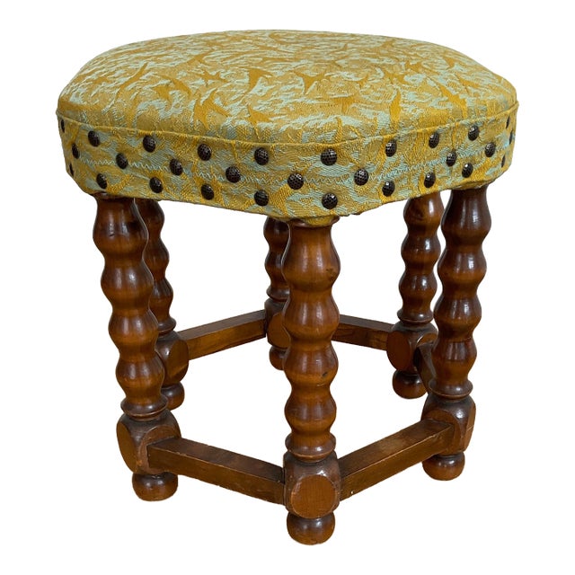 Vintage Mid-Century Oak Footstool With Geometric Needlepoint Tapestry For Sale