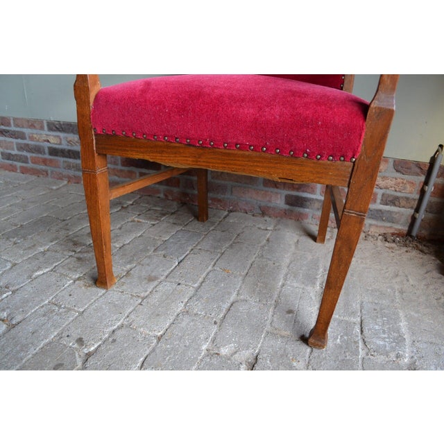 Art Deco Oak Armchair with Red Velvet For Sale - Image 6 of 7