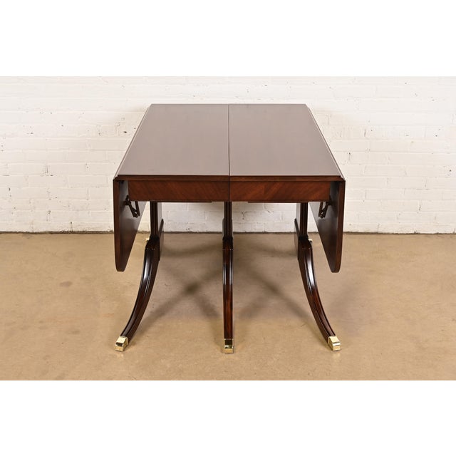 Drexel Regency Carved Mahogany Drop-Leaf Triple Pedestal Extension Dining Table, Newly Refinished For Sale - Image 11 of 17