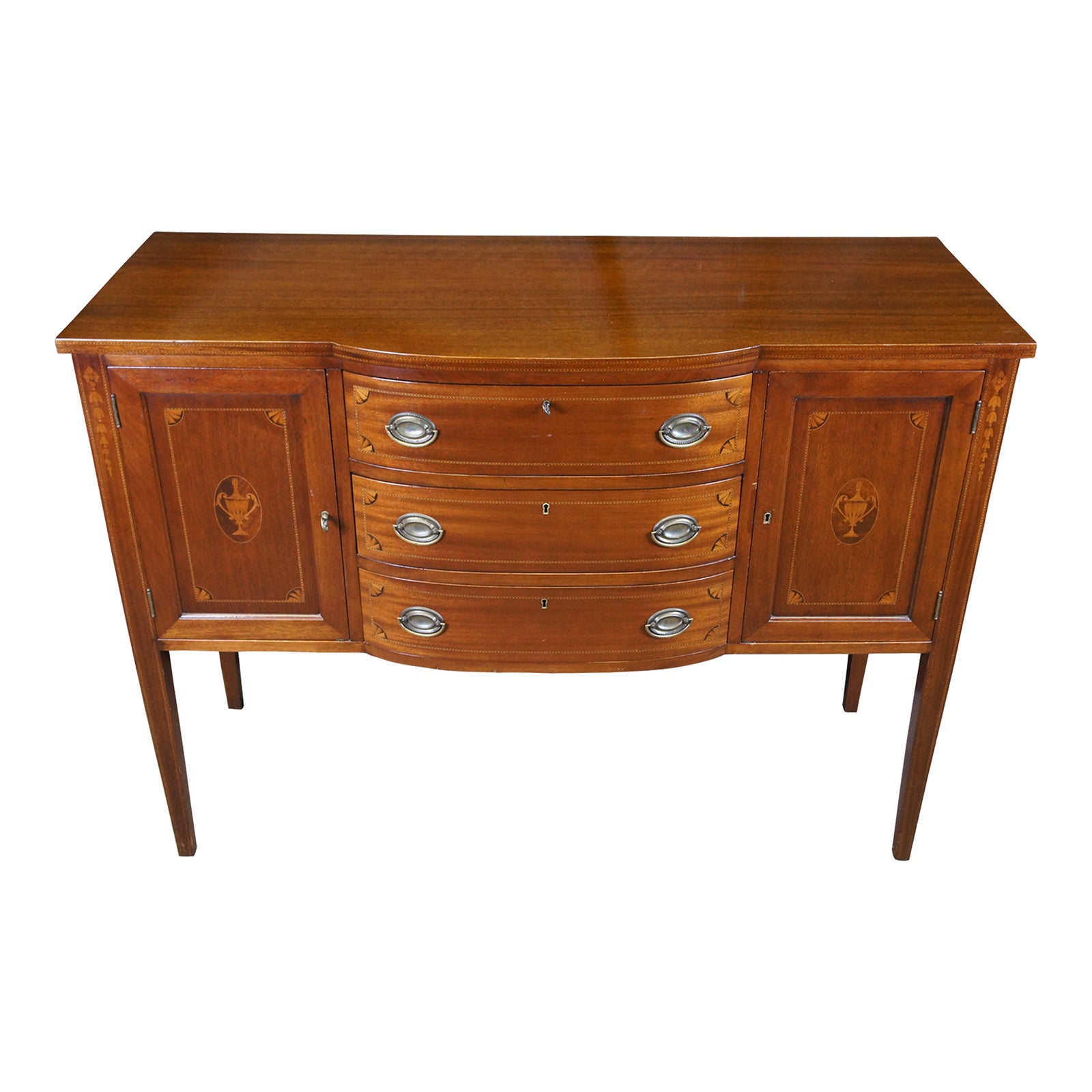 Early 20th Century Antique Sheraton Style Mahogany Inlaid Bow Front Buffet  Sideboard Console Cabinet, image size:1600x1600