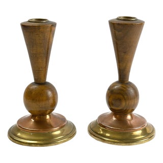 Art Deco English Candlesticks in Hand-Turned Wood, Brass and Copper, 1930s For Sale