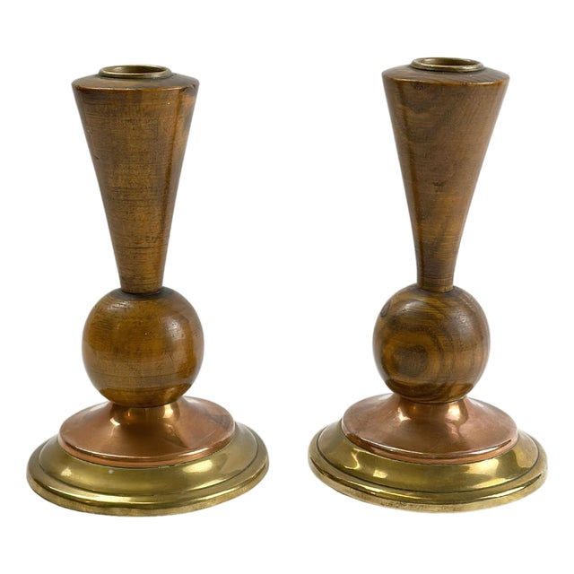 Art Deco English Candlesticks in Hand-Turned Wood, Brass and Copper, 1930s For Sale