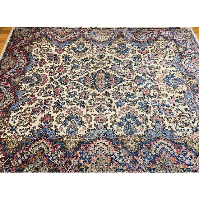 1900 - 1909 Vintage Persian Kerman Rug, Hand-Knotted Wool, Allover Floral Pattern, Ivory & Blue, 9x12 For Sale - Image 5 of 17