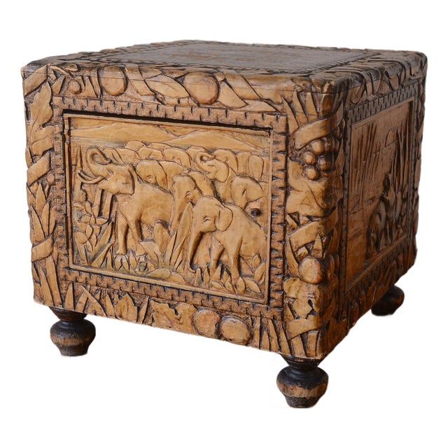 Vintage Folk Art Camphor Chest With African Safari Theme Animal Carvings For Sale