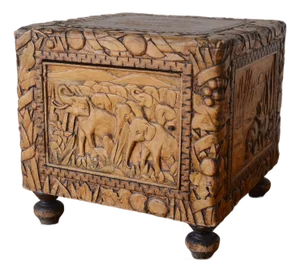 Vintage Folk Art Camphor Chest With African Safari Theme Animal Carvings