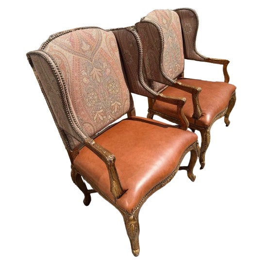 A Pair of Custom Ralph Lauren Wingback Lounge Chairs Upholstered in Leather and Paisley For Sale - Image 9 of 18