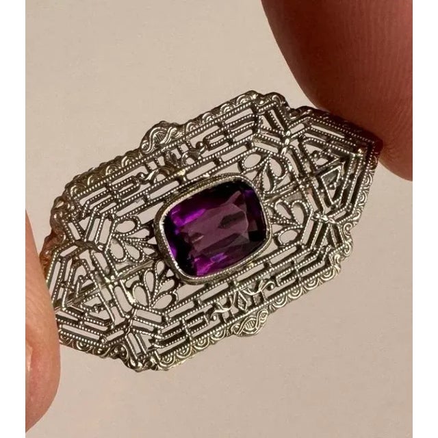 10k White Gold Art Deco Filigree Brooch Amethyst Antique Ornate Pin Estate Piece For Sale - Image 10 of 10