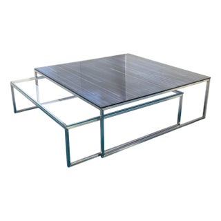 Glassisimo Kubus 2 Piece Stainless Steel & Glass Square Nesting Coffee Table For Sale