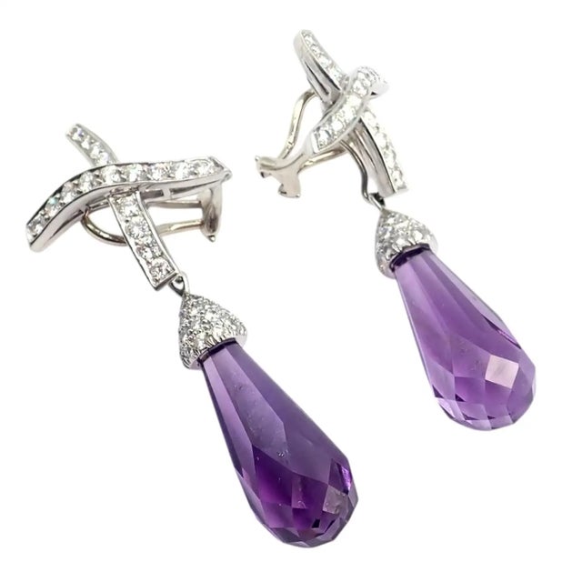 1980s Pair of Tiffany & Co Paloma Picasso X Drop Diamond Amethyst Night Day Platinum Earrings For Sale - Image 13 of 16