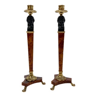 Vintage Biedermeier Burlwood and Brass Candlestick Holders, Pair For Sale